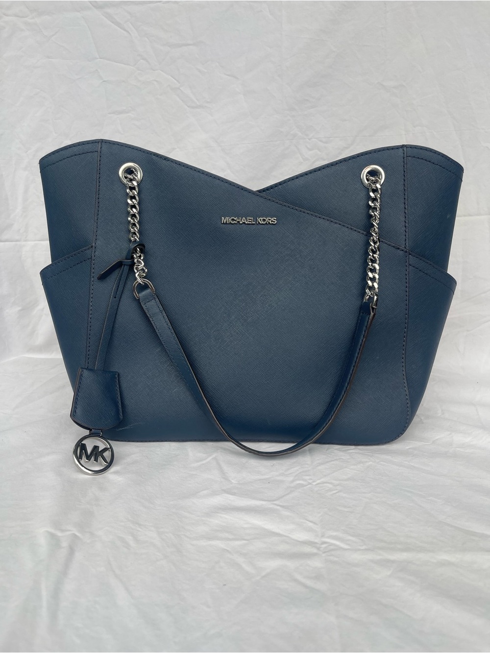Michael Kors Navy Saffiano Leather Shoulder Bag with Silver Chain Straps